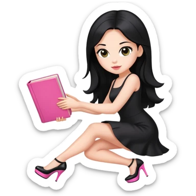Bimbo in heels in black mini dress, long black hair tanned, pick up pink book from ground, sticker