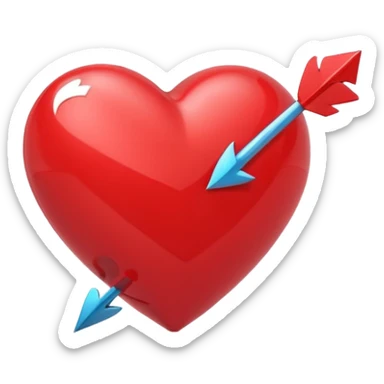 Apple-style 3D illustration of a glossy red heart pierced by a horizontal double-ended arrow. One end of the arrow has a small female symbol, the other end has a small male symbol. The heart is centered, shiny, with soft shadows, floating on a clean white background, minimal and emotional design sticker