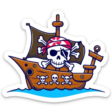 A pirate ship sailing on the open sea, with a skull and crossbones flag flying high, and pirates wearing bandanas and eye patches sticker