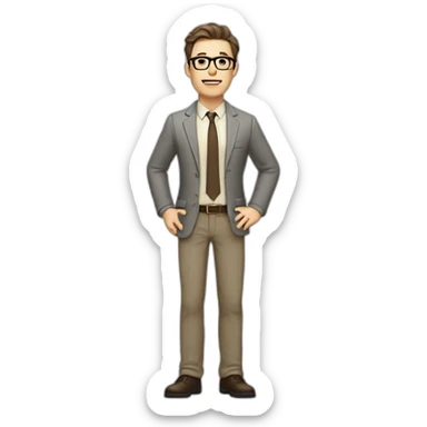Full height Gesticulating Pale skinned fit man with dark brown hair in gray jacket, beige office shirt, brown tie, brown pants and vintage glasses. sticker