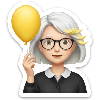 woman with wind white hair and wearing glasses, holding yellow balloon sticker