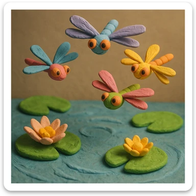 claymation style dragonfly family flying in a circle above water lilies, colorful and whimsical, soft lighting sticker