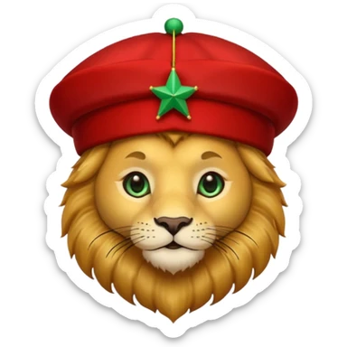Cute lion face emoji with golden fur, big round eyes, and a friendly expression. Wearing a red Moroccan fez hat with a green star on the front and a small black tassel on the side sticker