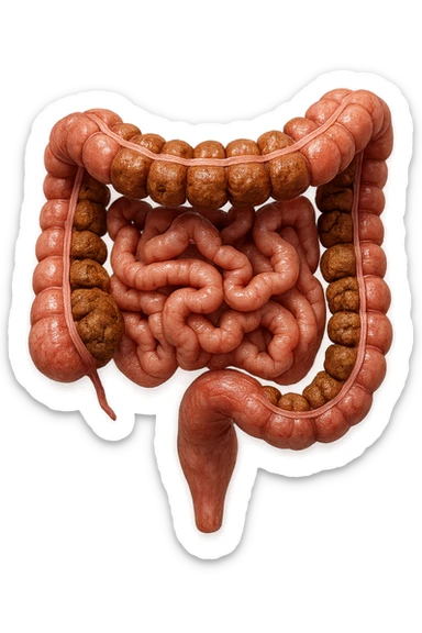 intestino umano anatomico con colon pieno di feci spezzettate, iperrealistica 4k sticker