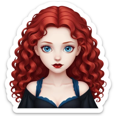 vampire girl with long curly red hair and blue eyes, in a black sticker