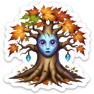 An ancient, psychic tree evolves by absorbing the essence of fallen autumn spirits, sprouting a radiant leaf, channels both forest wisdom and fiery seasonal magic through its gnarled. Purple eyes, blue eyes sharp teeth, bark wood skin, heterochromatic eyes, maple leafs sticker