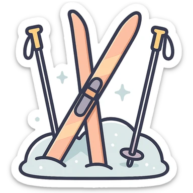 cross-country skis and poles on the sides, stuck at an angle into a snowdrift, with subtle snow sparkle effects, detailed shading, thin clean outlines, soft rounded features, pastel palette #98B5BC #B5B3C1 #C9A3C9 #E4C0CA #F7DCD1 #F7C0AA, Japanese pop art, sticker look, highly detailed, vector clarity, soft lighting, subtle shadows, transparent background sticker