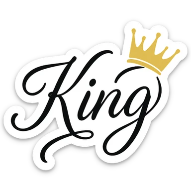 KING in Brittani font, highly cursive and ornate, stylish script, with a tilted gold crown on the G, no background sticker