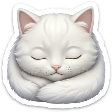 Meme-Worthy Cute Sleeping White Cat Portrait Emoji, Head peacefully tilted with a tender, contented smile and eyes gently closed in serene slumber, featuring a pristine white fur with subtle, delicate silver accents, simplified yet irresistibly adorable, highly detailed, glowing with a soft, drowsy radiance, high shine, exuding calm, heartwarming charm, styled with a gentle, soft glowing outline, capturing the essence of a sleeping white cat that seems destined to become the next viral icon of adorable repose! sticker