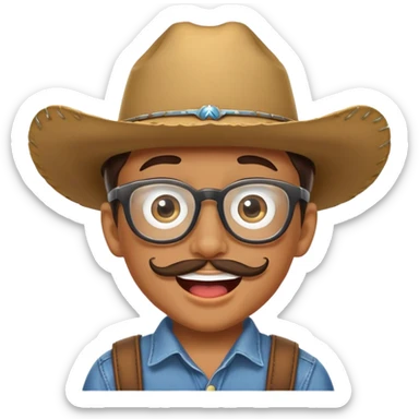 A boy with glasses who squints his eyes and smiles with his mouth open. He uses a cowboy mask.: She adds a cowboy mustache and a cowboy hat. sticker