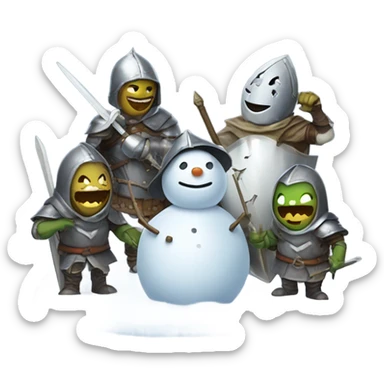 Knights building snowmen while goblins laugh at them  sticker