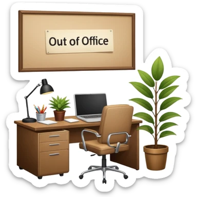 imagen de oficina con escritorio, silla, notebook, agenda y una plata con un cartel que diga FUERA DE OFICINA sticker