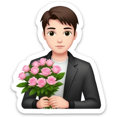A cool bad boy with fair skin holding a bouquet of pink jasmine roses sticker