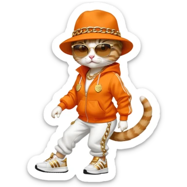 female cat wearing Run DMC hip-hop outfit with tracksuit, fedora, Adidas sneakers, dark sunglasses, many gold chains, upright pose sticker