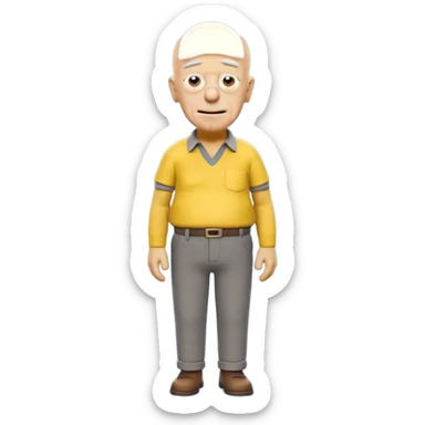A 3D cartoon elderly man entirely yellow, styled like Grandpa Simpson, bald head with few hair strands, wrinkled face, yellow shirt and trousers, kind smile, cinematic Memoji-style render matching other Simpsons characters. sticker