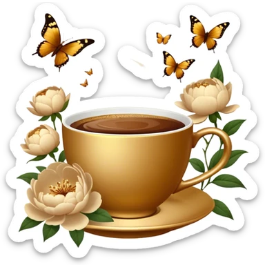 A golden coffee cup rests among lush beige peonies, as cinnamon-hued butterflies dance in the air. The setting glows with a nostalgic, antique charm. sticker