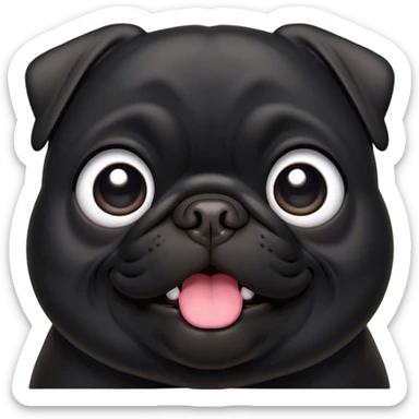 Cinematic Comical Black Pug Portrait Emoji, Head tilted dramatically with an exaggeratedly amused expression, featuring a sleek black coat with a glossy finish, wide, expressive dark eyes filled with playful disbelief, Simplified yet hilariously expressive features, highly detailed, glowing with a slightly sassy glow, high shine, dramatic yet playful, stylized with an air of cheeky mischief, bright and endearing, soft glowing outline, capturing the essence of a spirited and over-the-top companion, so meme-worthy it feels like it could side-eye its way into internet fame instantly! sticker