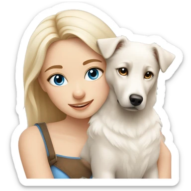 Blond girl with blue eyes cuddles a white Sheppard dog with brown eyes  sticker