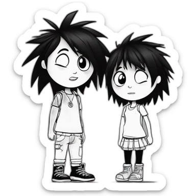 a dog and a girl with black spiky hair looking at each other in style of ((sarah andersen)), black and white,sarah andersen,cartoon,drawn,sketch sticker