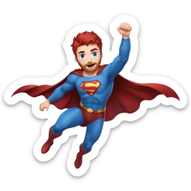 flying superman，full body, blue eyes, red darkish messy hair, trimmed facial hair sticker