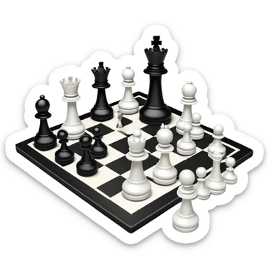 A chessboard with a few strategically placed pieces, including a king, queen, and pawns. The scene highlights the classic black and white squares of the board, emphasizing strategy and thoughtfulness in the game of chess. sticker