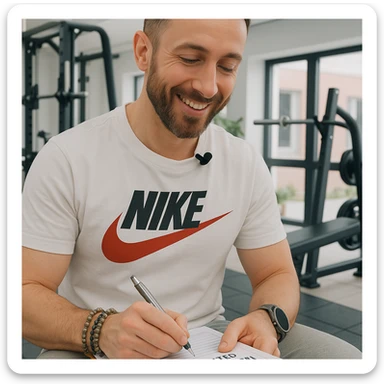 Personal trainer in a gym, inspired by the person in the reference photo, filling out a personalized workout plan on a notepad, in a welcoming environment. sticker