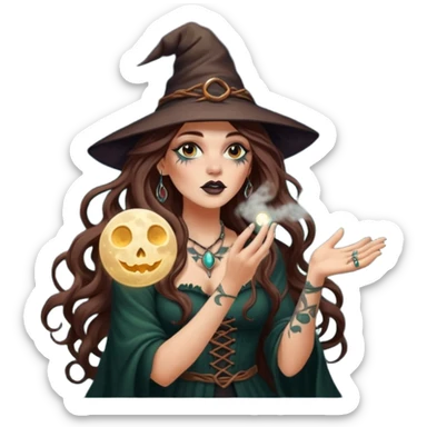 forest witch woman long wavy brown hair tattoos blowing moon dust sticker