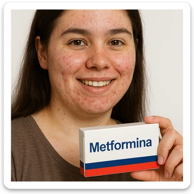 Hyperrealistic 4K vertical 9:16 image of a woman with PCOS or insulin resistance, face with acne and fine hair, holding a box of Metformin with the word 'Metformina' clearly visible and readable, positive expression, white isolated background. sticker