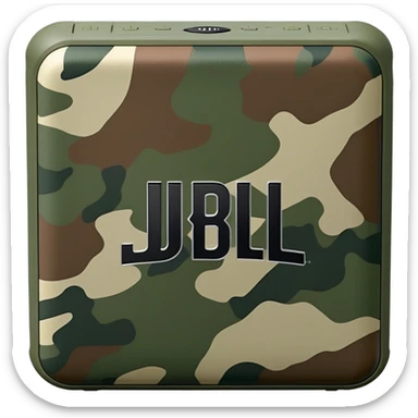 Ultra minimal JBL Go 4 bluetooth speaker with green and brown camouflage pattern, sleek design, simplified controls sticker