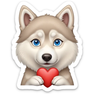 Beige husky with blue eyes holding a brown heart sticker