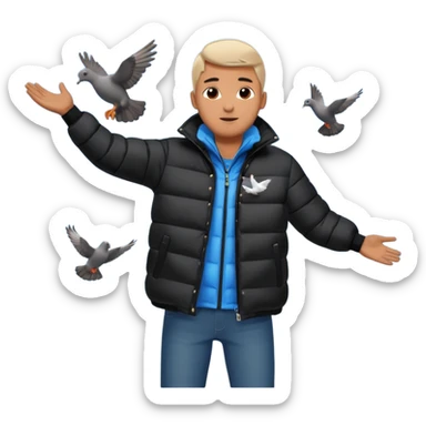 puffer shiny black jacket man open arms looking at a flying pigeon sticker