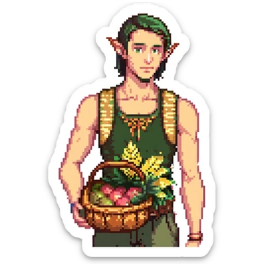 elf male Sleeveless vest with palm-leaf print, basket of exotic fruits (mango/lychee), sunburned nose. sticker