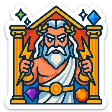 Gates of Olympus slot emoji with Zeus holding lightning bolts, golden columns, and sparkling gems sticker