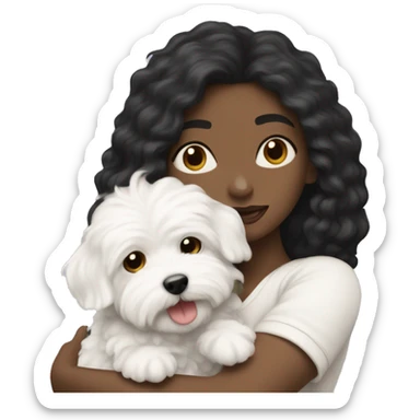 A long black-haired white woman hugging white maltipoo sticker