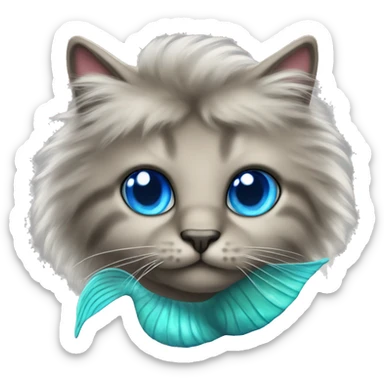 Fluffy Cat with a mermaid tail and blue eyes sticker