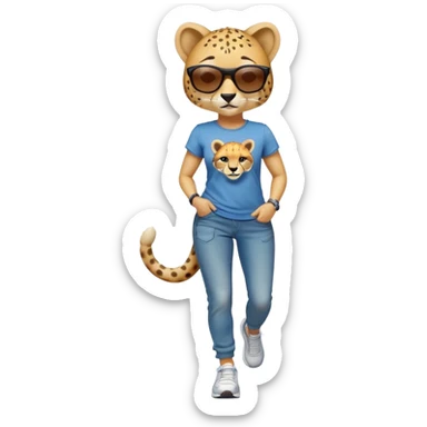friendly anthropomorphised female cheetah in jeans and t-shirt, wearing dark sunglasses, jogging upright in relaxed pose sticker