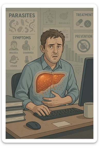 Man sitting at office desk experiencing subtle symptoms of liver dysfunction, upper abdominal pain, nausea, and unexplained fatigue Parasites: Types, Symptoms, Treatment & Prevention, expression of confusion about vague health issues, liver shown in transparent overlay with early inflammation, toxins beginning to accumulate in bloodstream, productivity declining as liver struggles to filter properly sticker