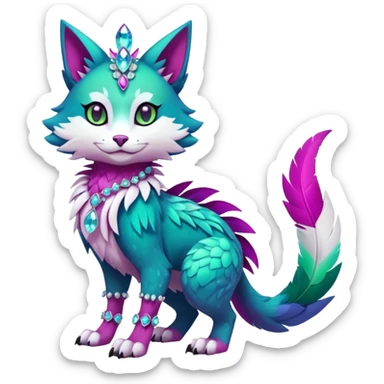 Kawaii cute colorful iridescent deep-dark-turquoise-green and magenta and white beautiful pretty elegant divine edgy feline-vernid-sergal-Fakémon-Pokémon-fursona-animal-creature with accessories, full body, with intricate detailed markings, feathers, crystals sticker