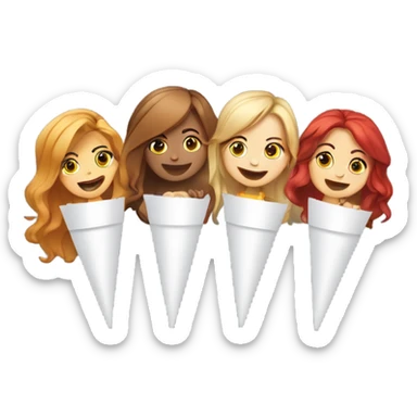 Four girls one with red hair, two with light brown hair, one with blonde hair, holding a paper cone in their mouth with smoke coming out of it ￼ sticker