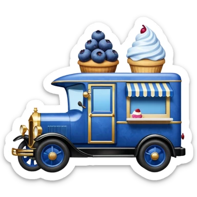 shiny-dark-blue crystal-bodied frozen blueberry muffin, pie, and ice cream, 1912 antique long-wheelbase cab over durable-looking low rider moving truck food truck  sticker