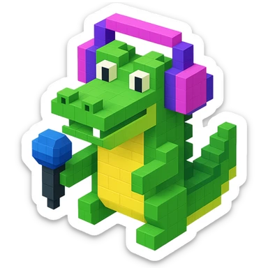 crocodile with headphones holding a microphone, isometric view, voxel style sticker