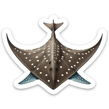 Spotted eagle sting ray with wide wingspan and long spike sting tail at posterior end viewed from above sticker