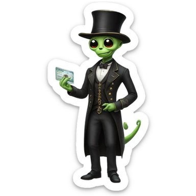 alien galora in Victorian dress elegant, full body, holding big credit card sticker