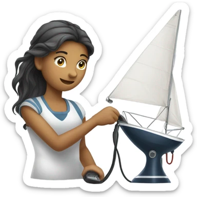 Girl using hair dryer to dry sail of boat sticker