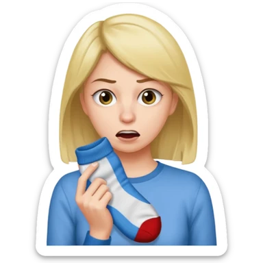 woman with stinky socks in her hands sniffing sticker