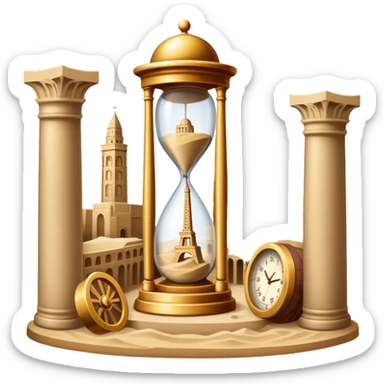 icon featuring ancient scrolls, quill pen with famous historical landmarks and monuments in the background like colliseum. Large, antique sand clocks with sand pouring out represent the passage of time. Historical figures are depicted as statues. Transparent background. sticker
