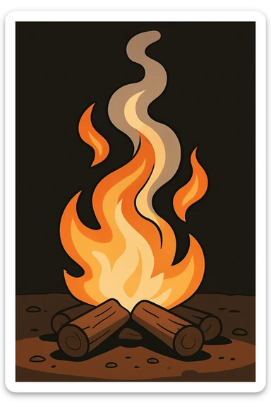 Add a dark background behind the campfire, keep the upward smoke and flames with a mesmerizing swirling effect, no people, uncluttered and easy to recognize. sticker