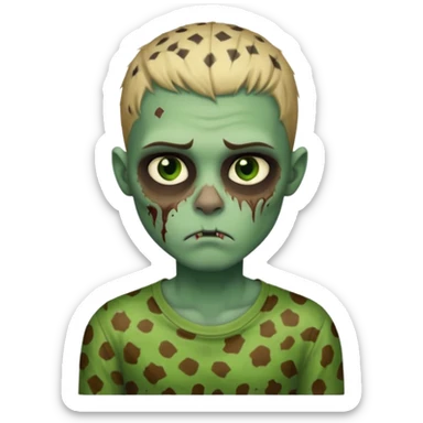 Zombie boy with green skin and sleepy eyes and scars on his face and a shirt that has cheetah texture sticker