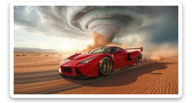 Cinematic still of a ferrari f40 around tornado od arizona desert, sun flare, captured by gopro hero with effect fisheye, water drops on car body, detailed, inspired by interstellar look, captured by a arri alexa sticker