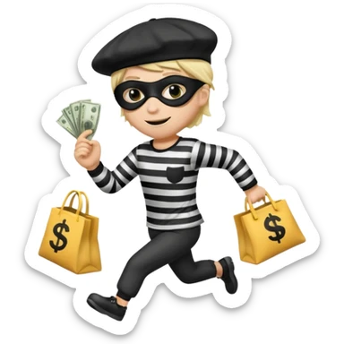 running emoji of a classic burglar, a black eye mask (looks like a blindfold) and a black-and-white striped shirt. emoji-like hair, black hat, ONE bag of money 💰 with a dollar sign in a hand sticker
